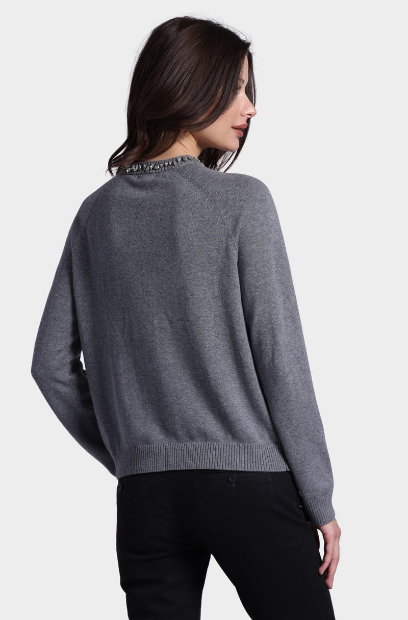 Cotton Raglan Jewel Crew Neck